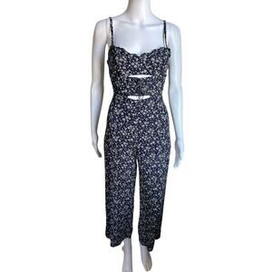 Reformation Fergie Jumpsuit 6 Blue Floral Corset Lace Up Cutout Wide Leg